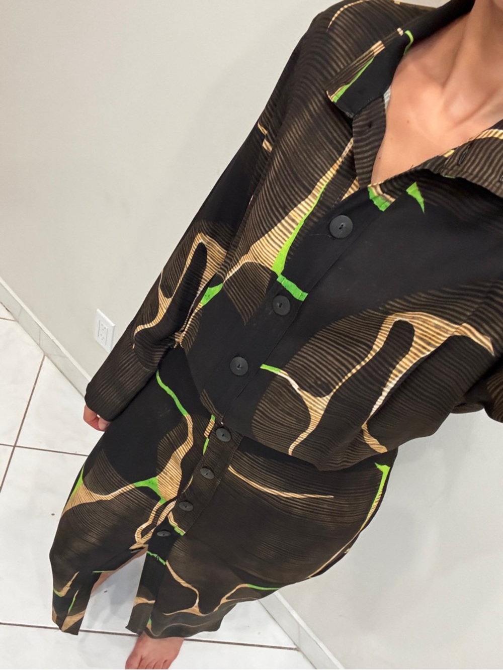 Massimo Dutti Black Midi Dress with Green and Tan Abstract Print